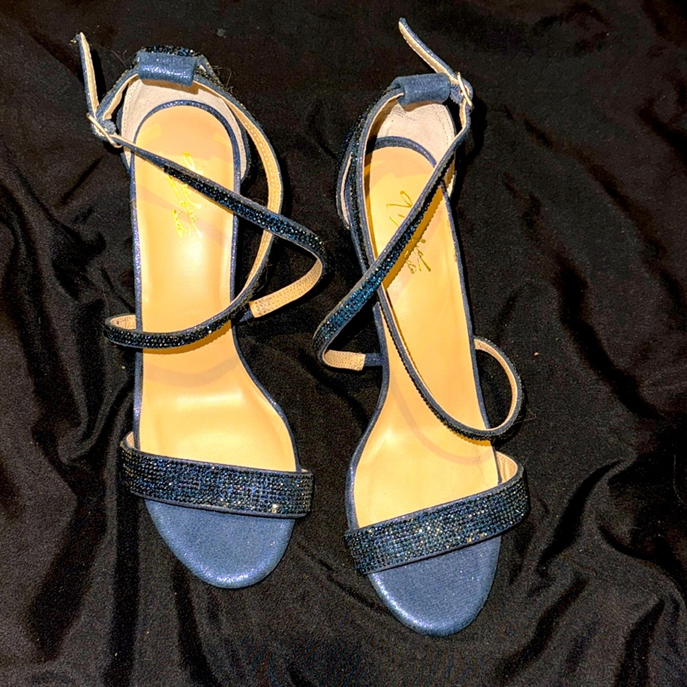 Blue gem heel sandals, size 8.5